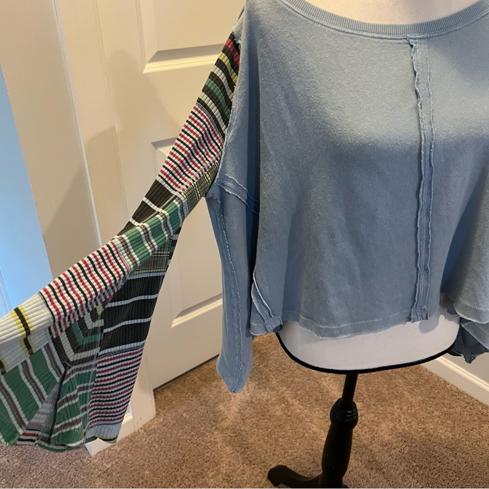 Blue and Multicolor Patchwork Sleeve Top